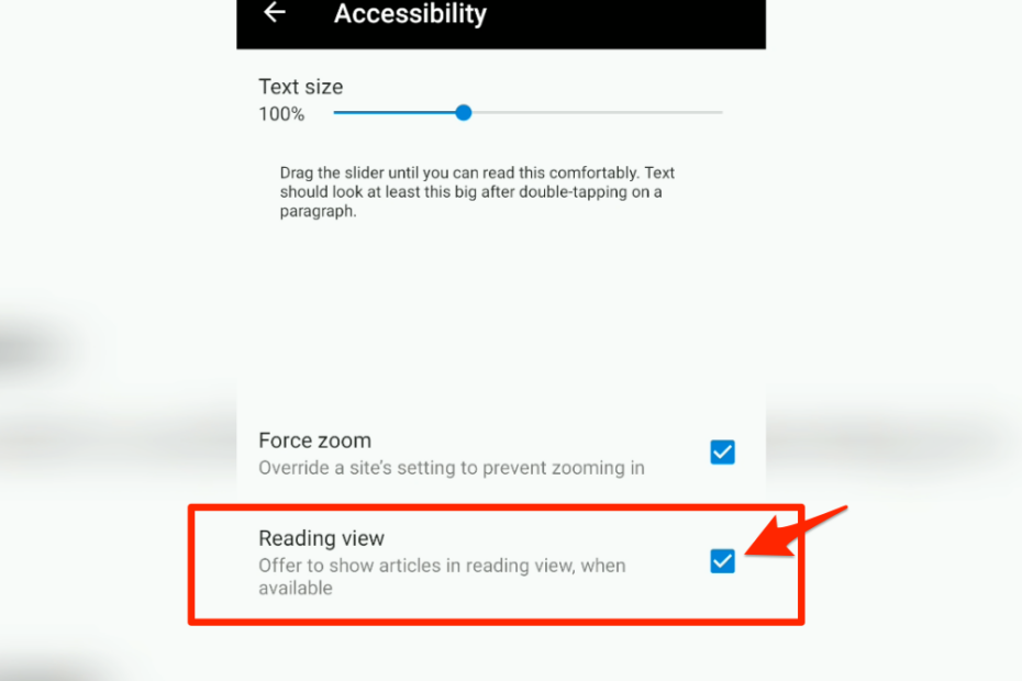 Reading view in Edge Android for simplified text