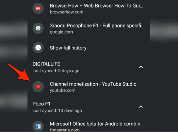 Recently Closed Tabs on Chrome Synced Devices