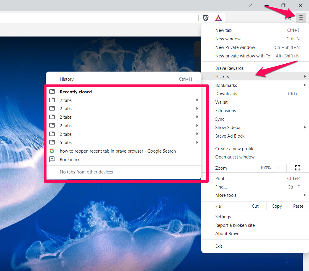 Recently Closed menu and Browser History in Brave Browser