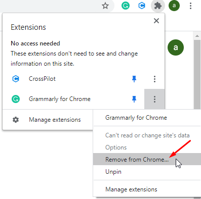 Remove from Chrome under Extensions icon