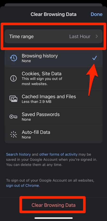 Remove Browsing History from Chrome iPhone using Clear Browsing Data