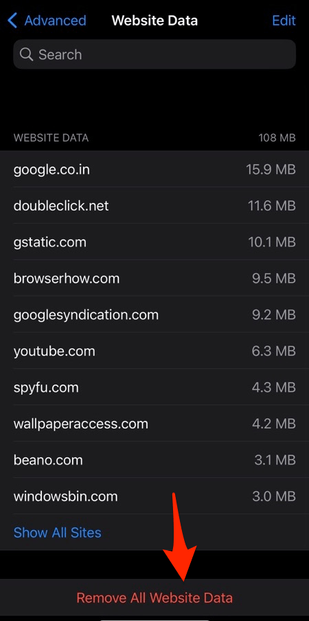 Remove all website data from the Safari app in iPhone