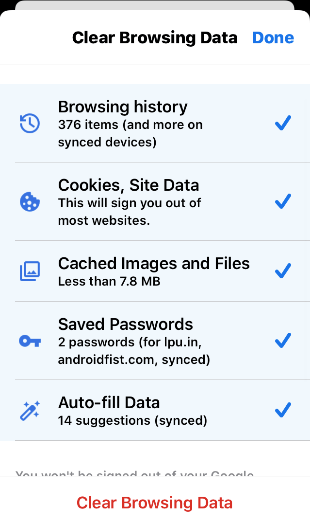 Reset Chrome iOS browsing data