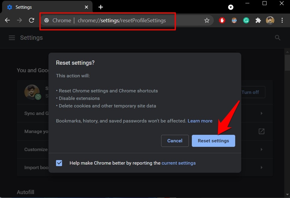 Reset Google Chrome Profile Settings