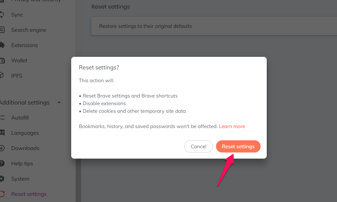 Reset Settings command in Brave Browser