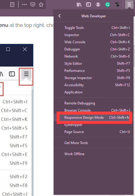 Responsive Device Mode option in Firefox
