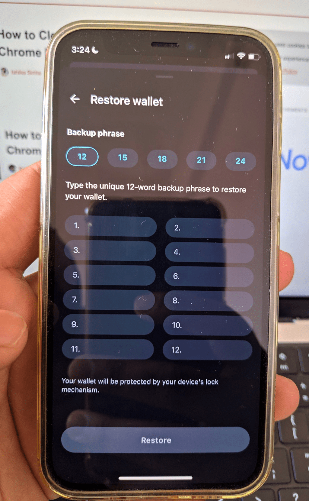 Restore the Crypto Wallet using Backup Phrase on Opera Mobile