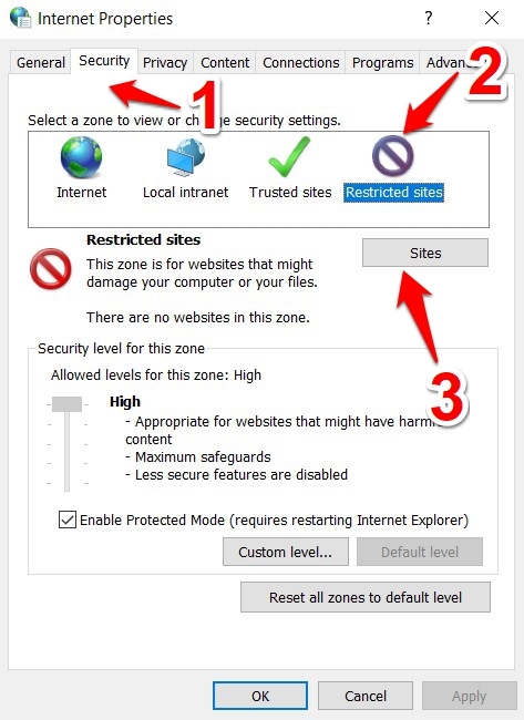 Restricted Site Settings in Internet Options Windows