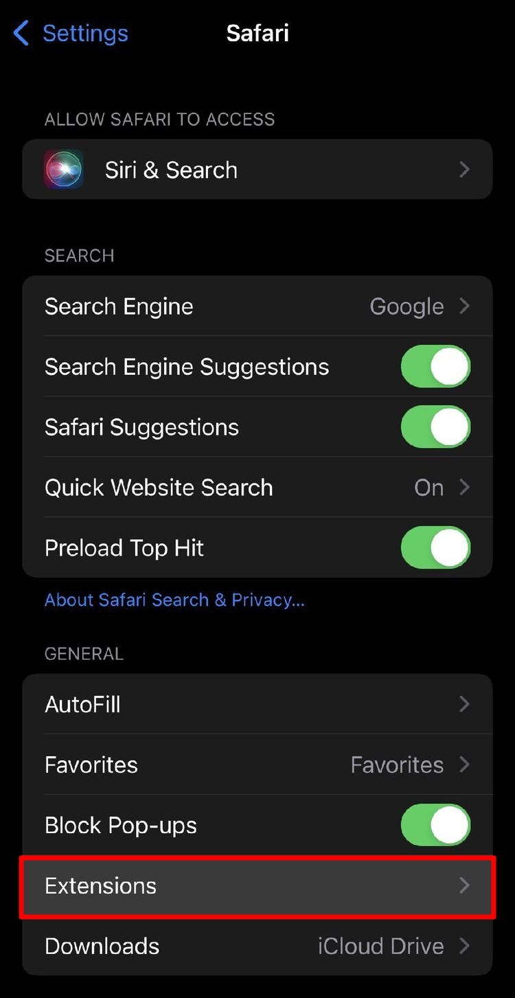 Safari Extensions tab under Safari Settings menu
