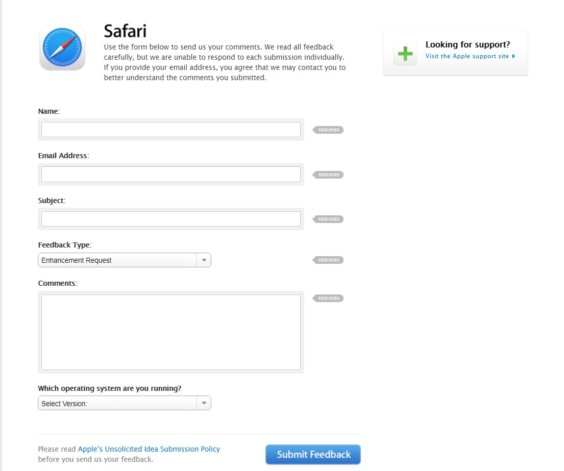 Safari Feedback Page for Developers