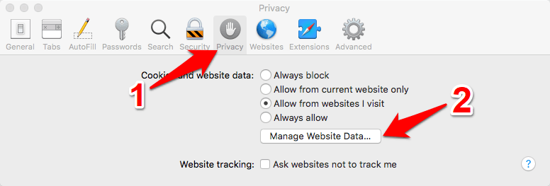 Safari Mac Manage Website Data button under Privacy