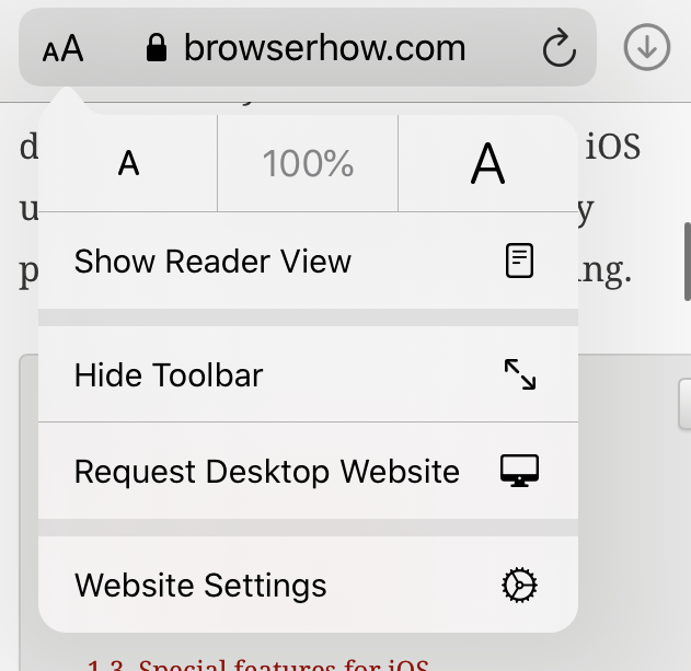 Safari Page Options Menu