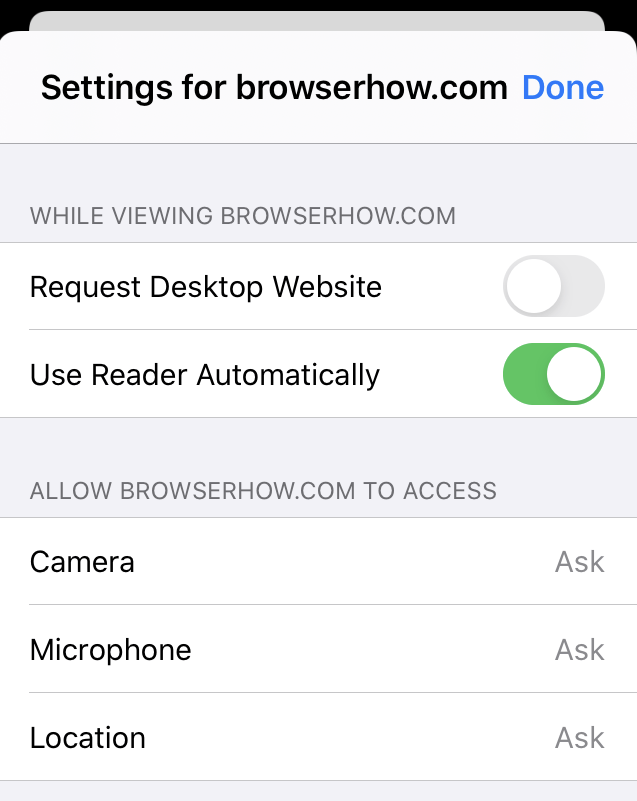 Safari Web Page Settings Request Desktop Site and Reader Mode