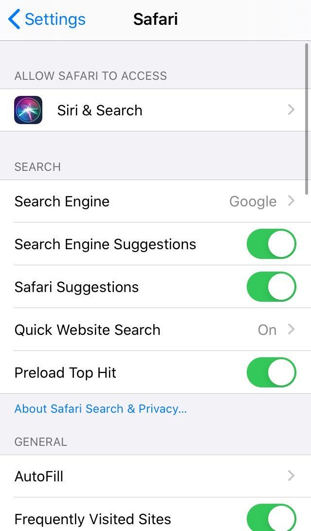 Safari iOS Browser Phone Settings 1