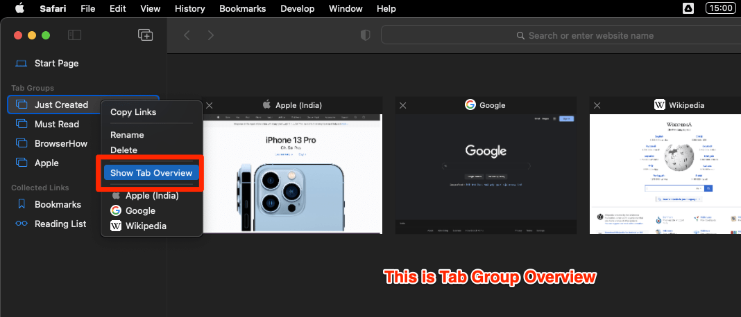 Safari Tab Group open Tabs Overview