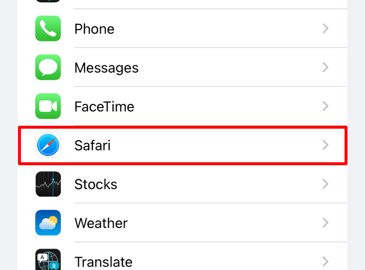 Safari app Settings option in iPhone