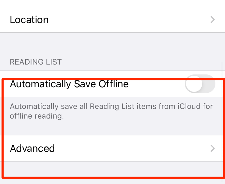 Safari iOS Advanced Settings menu