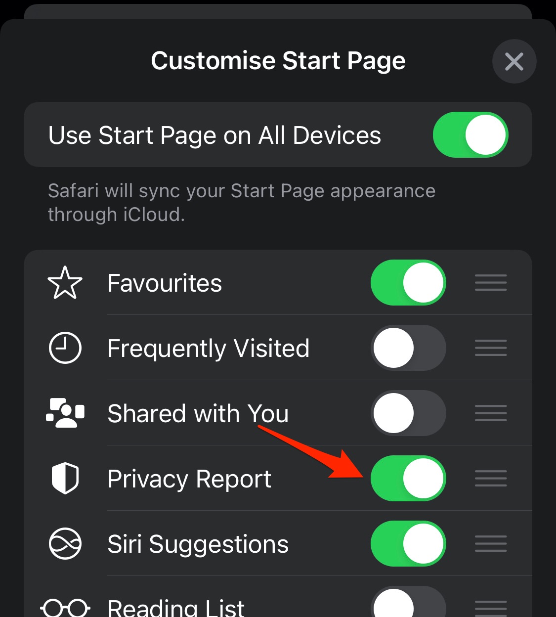 Safari iOS Customize Start Page options with Privacy Report