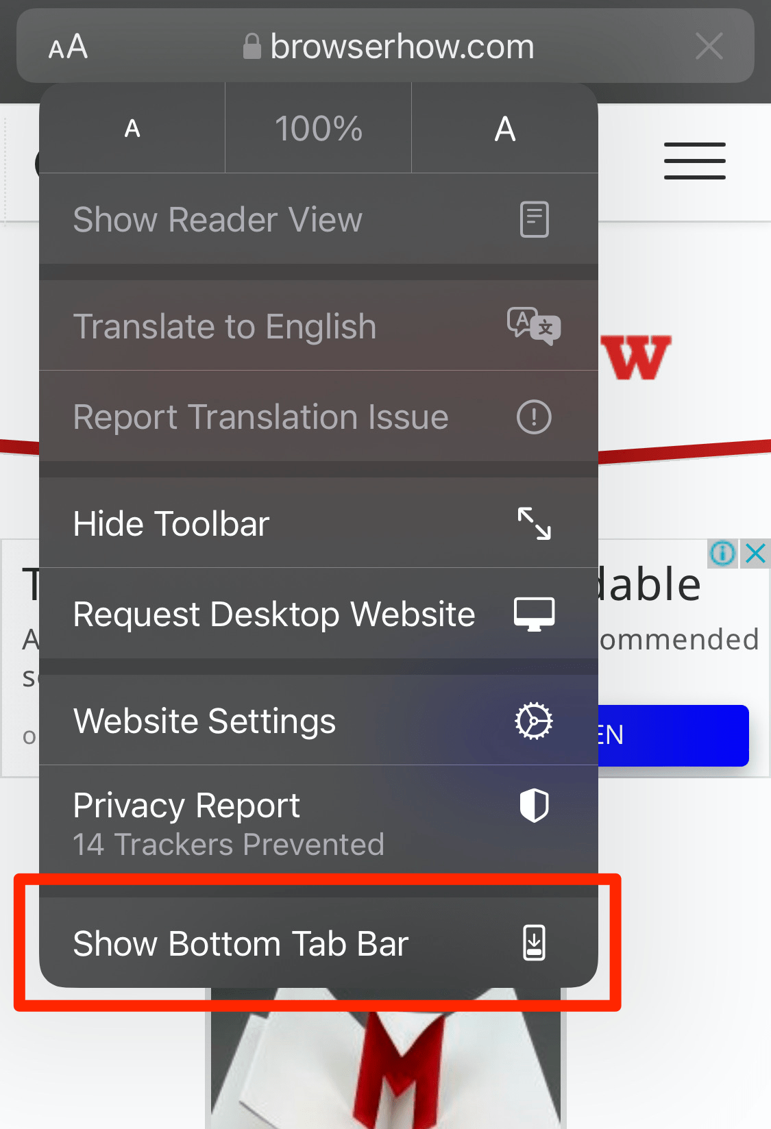 Safari iPhone option to Show Address bar at the bottom