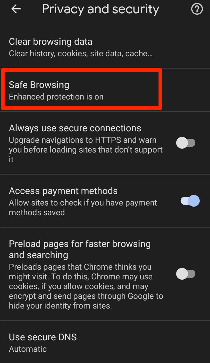 Safe Browsing Tab menu in Chrome for Android