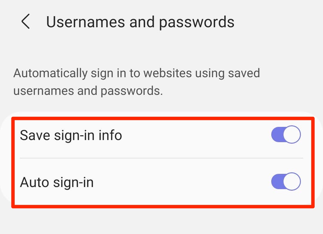 Samsung Internet Save sign-in info and auto sign-in toggle