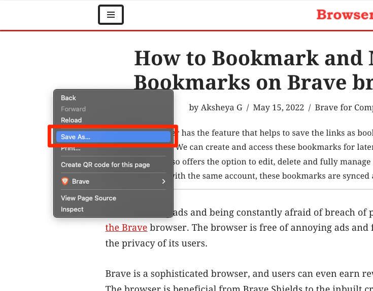 Save As Web Page in Brave Browser for offline access