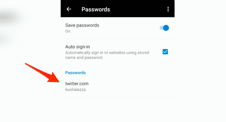 Saved passwords list in Edge Android