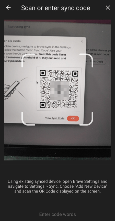 Scan QR code using Brave Android in Computer browser