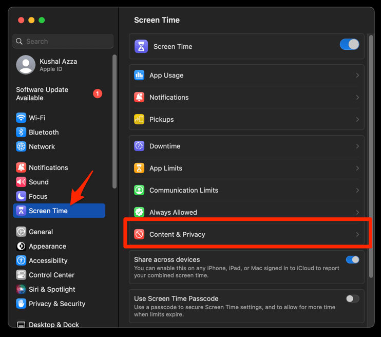 Screen Time setting with Content and Privacy on Mac