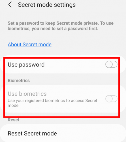 how to set password for Secret mode in Samsung internet