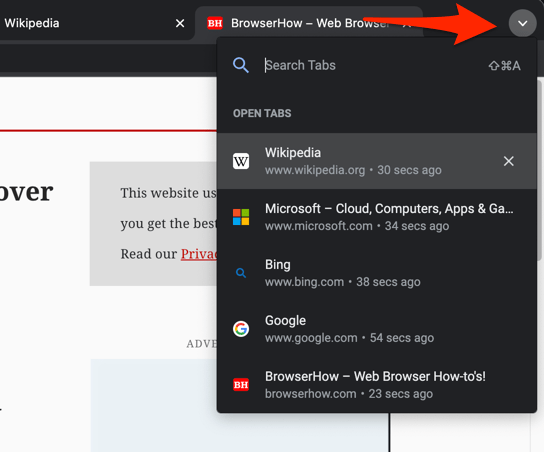 Search Tabs option in Toolbar on Chrome computer browser