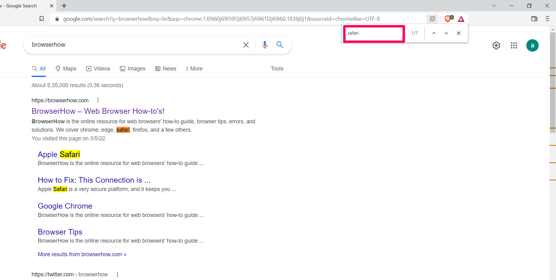 Search field for find on page in Brave computer with highlighted results