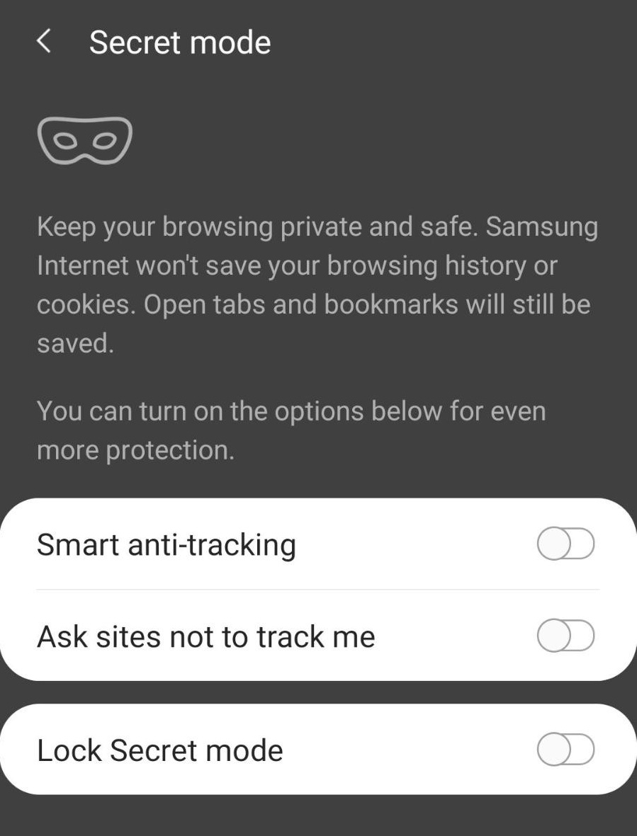 Секретный режим или приватный режим инкогнито в Samsung Internet