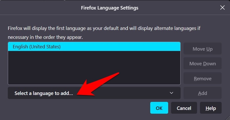 Select a Language to add in Firefox Language Setting