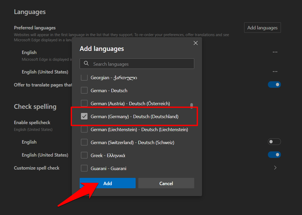 Select and Add Language in Microsoft Edge