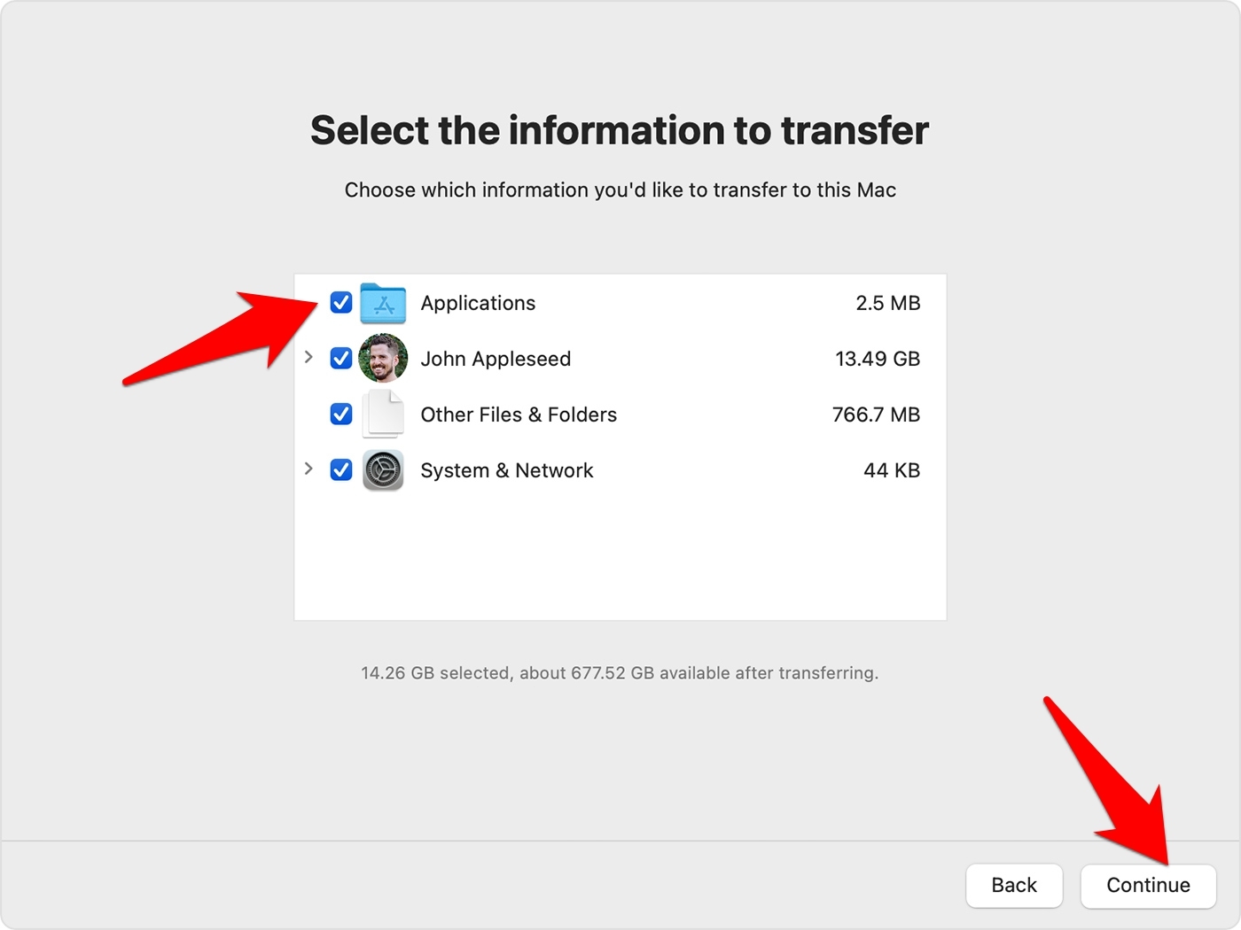 Select the information to transfer using Migration Assistant