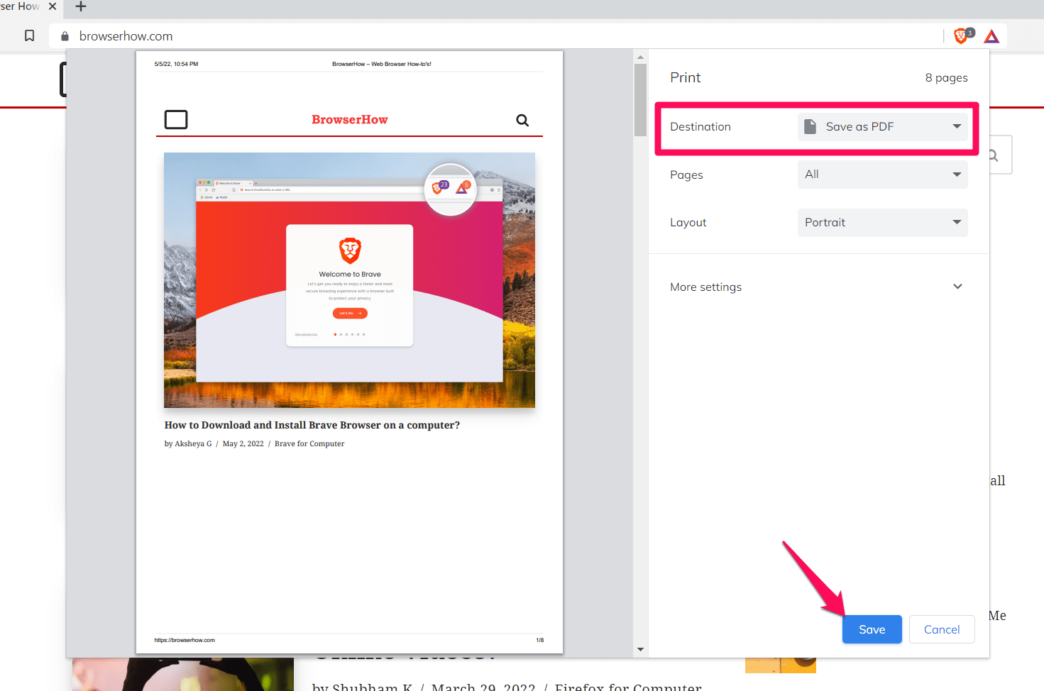 Select Destination Save as PDF in Brave Browser