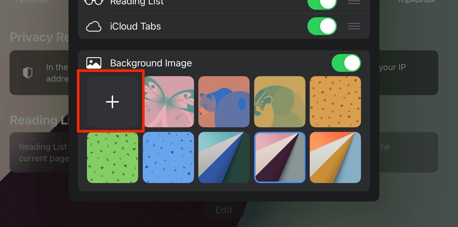 Select the Safari Background Image from Preset List or tap on plus to add custom image