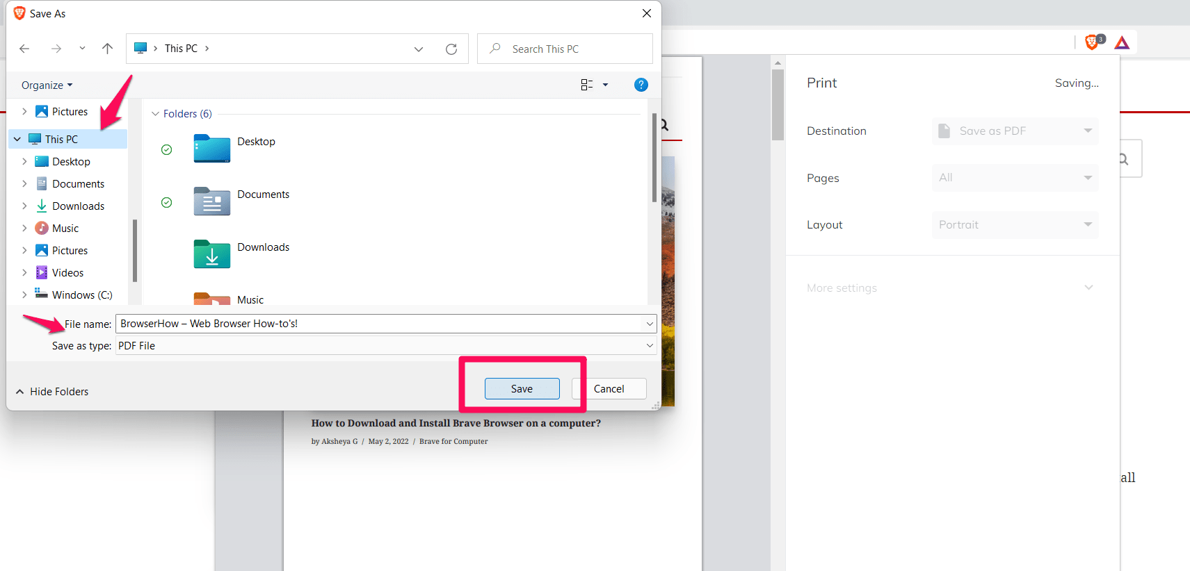 Select the location and rename the PDF for Save on Brave Computer