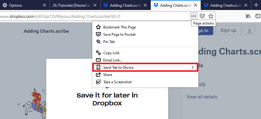 Отправить вкладку на устройство на компьютере Firefox