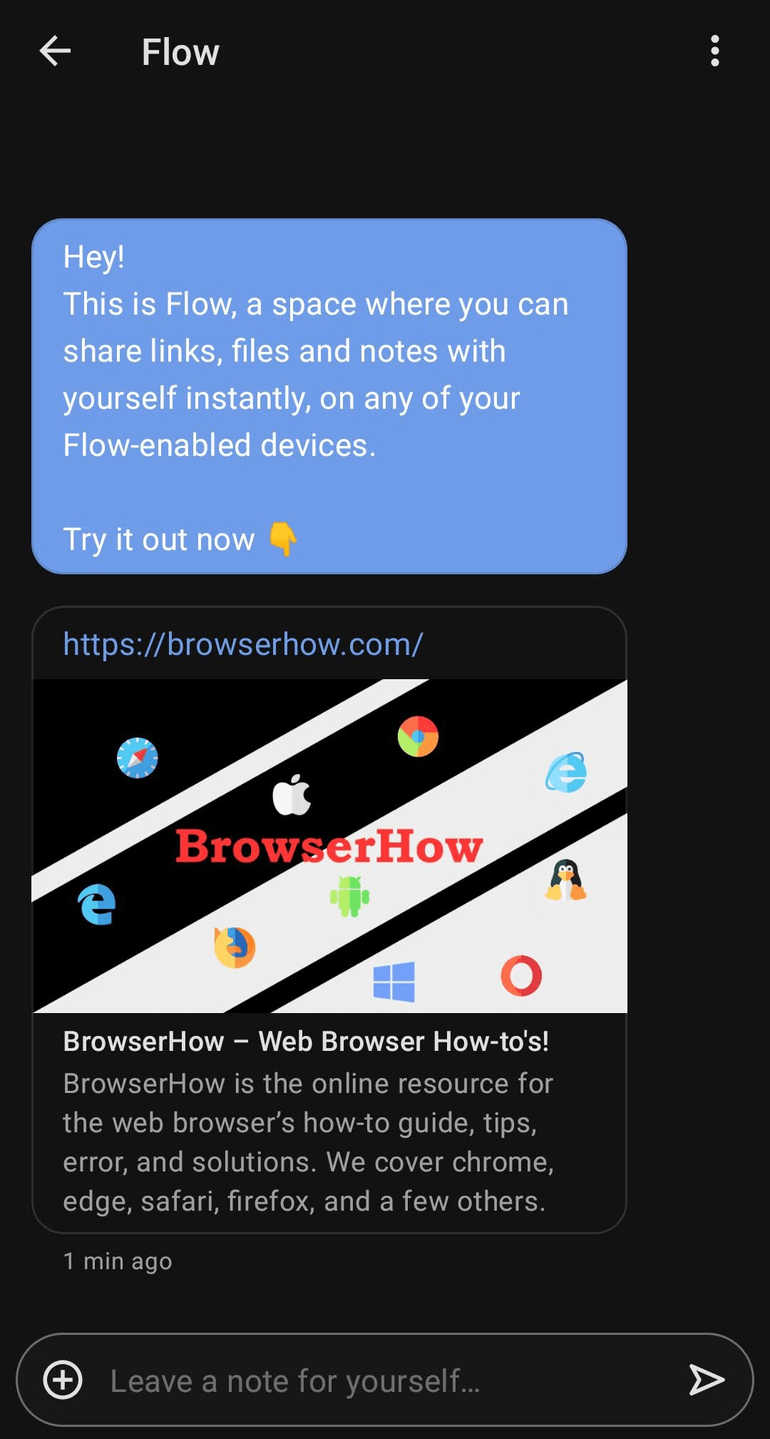 Send and Receive the links, text and files with Opera Flow on Mobile