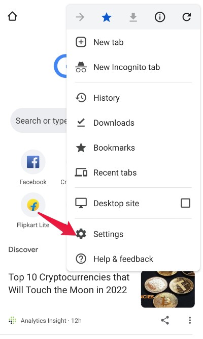Settings menu in Chrome for Android