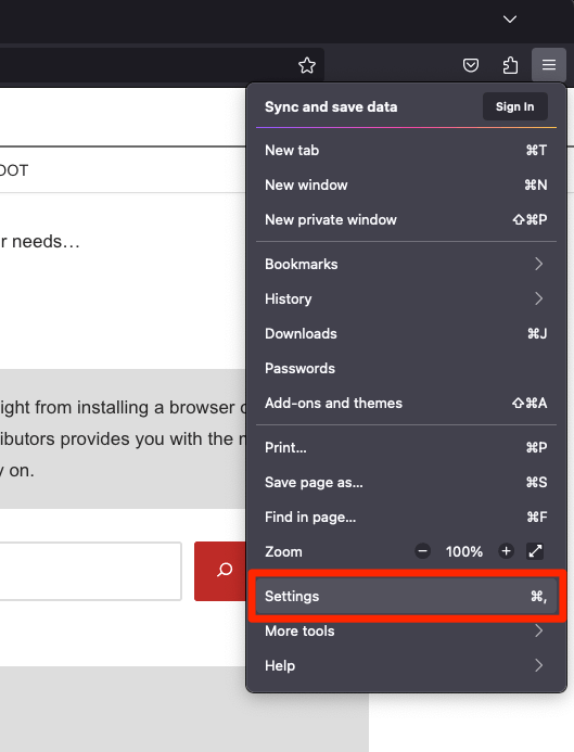 Settings menu in Firefox for Computer