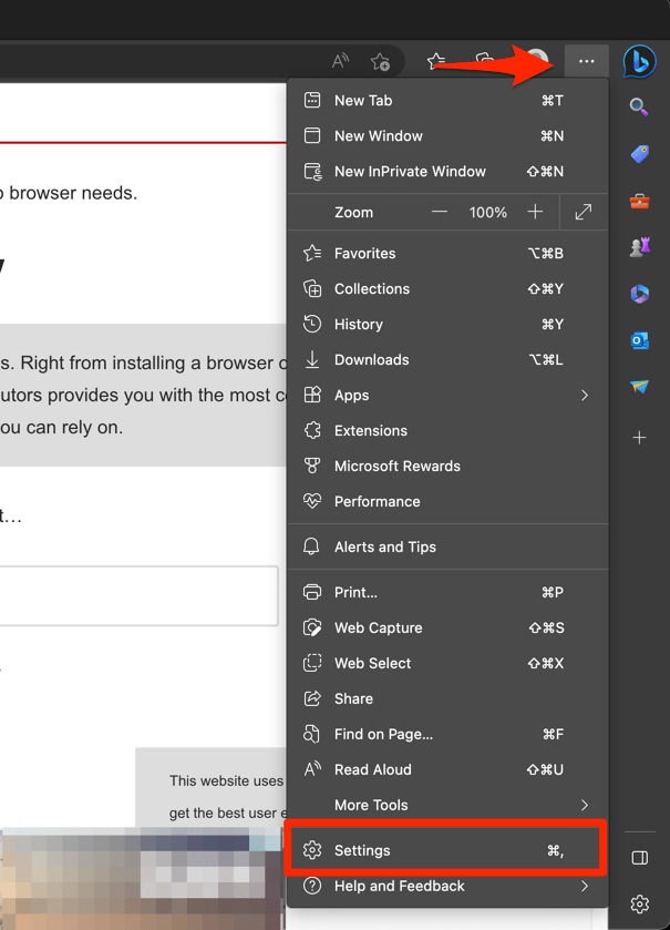 Settings menu in Microsoft Edge on Computer