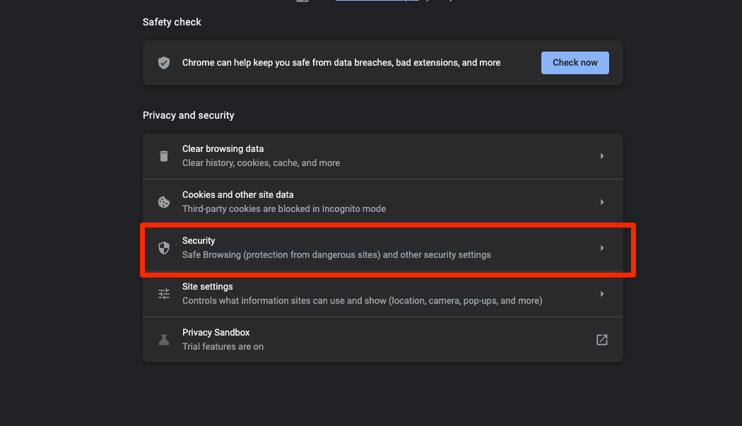 Settings tab under Privacy and security on Chrome browser