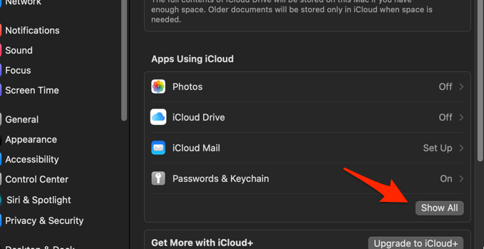 Show All button for Apps using iCloud on macOS