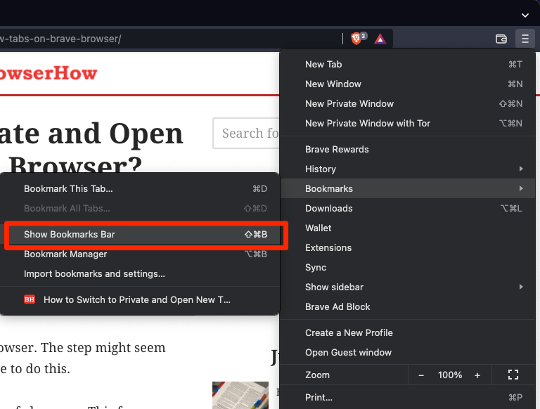 Show Bookmarks Bar in Brave Browser menu