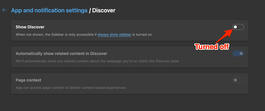 Show Discover Turned off on Edge browser settings