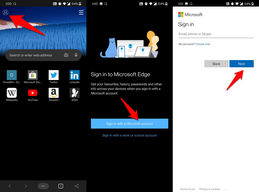 Вход в Edge с учетной записью Microsoft на телефоне Android