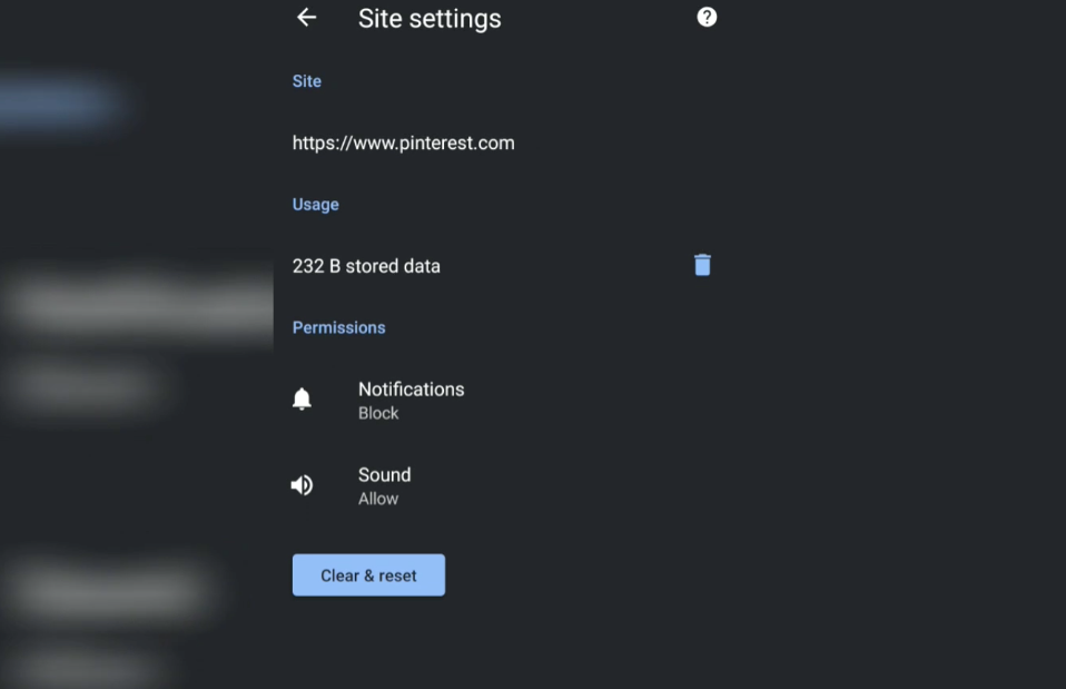 Site Settings in Chrome Android for Pinterest